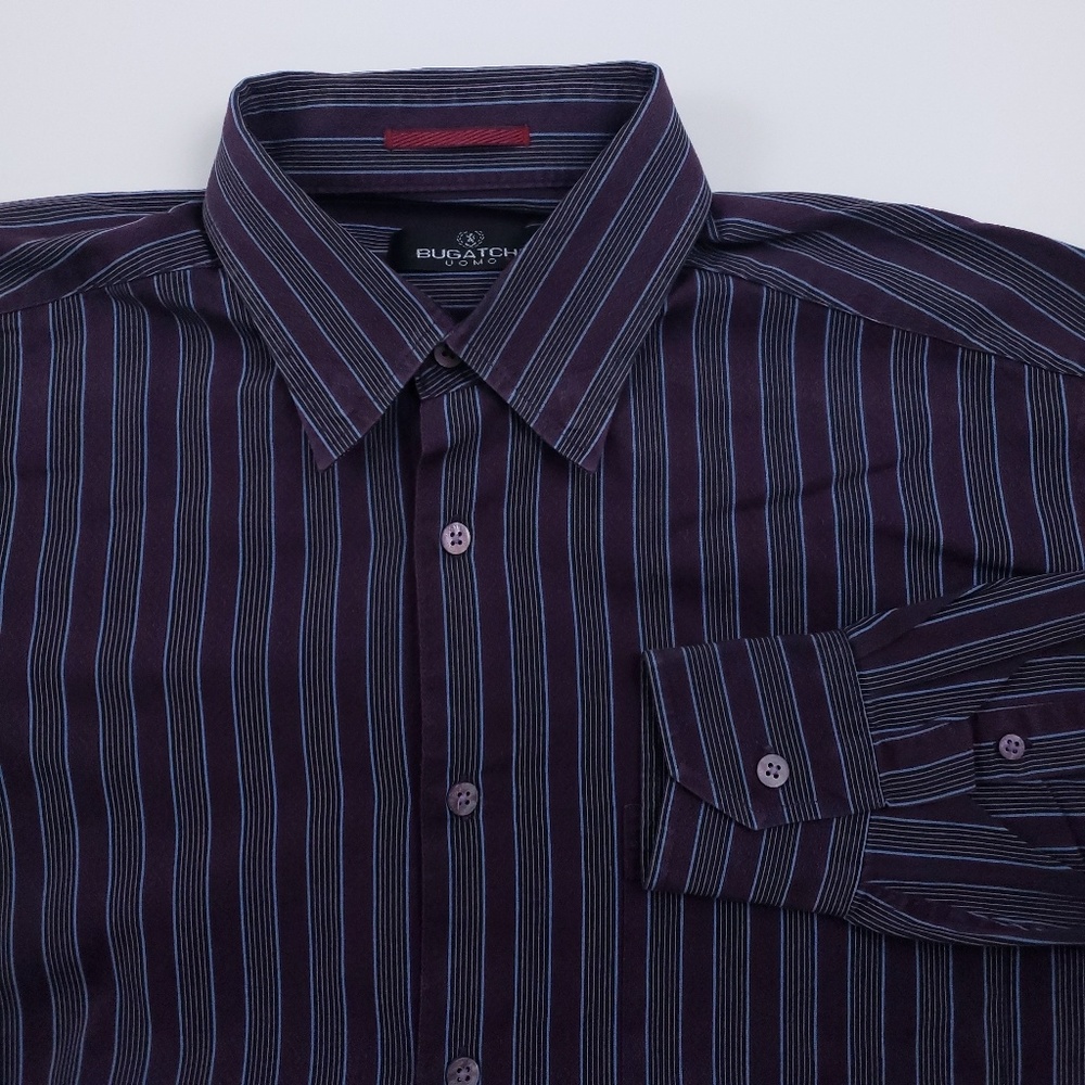 Bugatchi Uomo Maroon Striped Button Front Shirt
